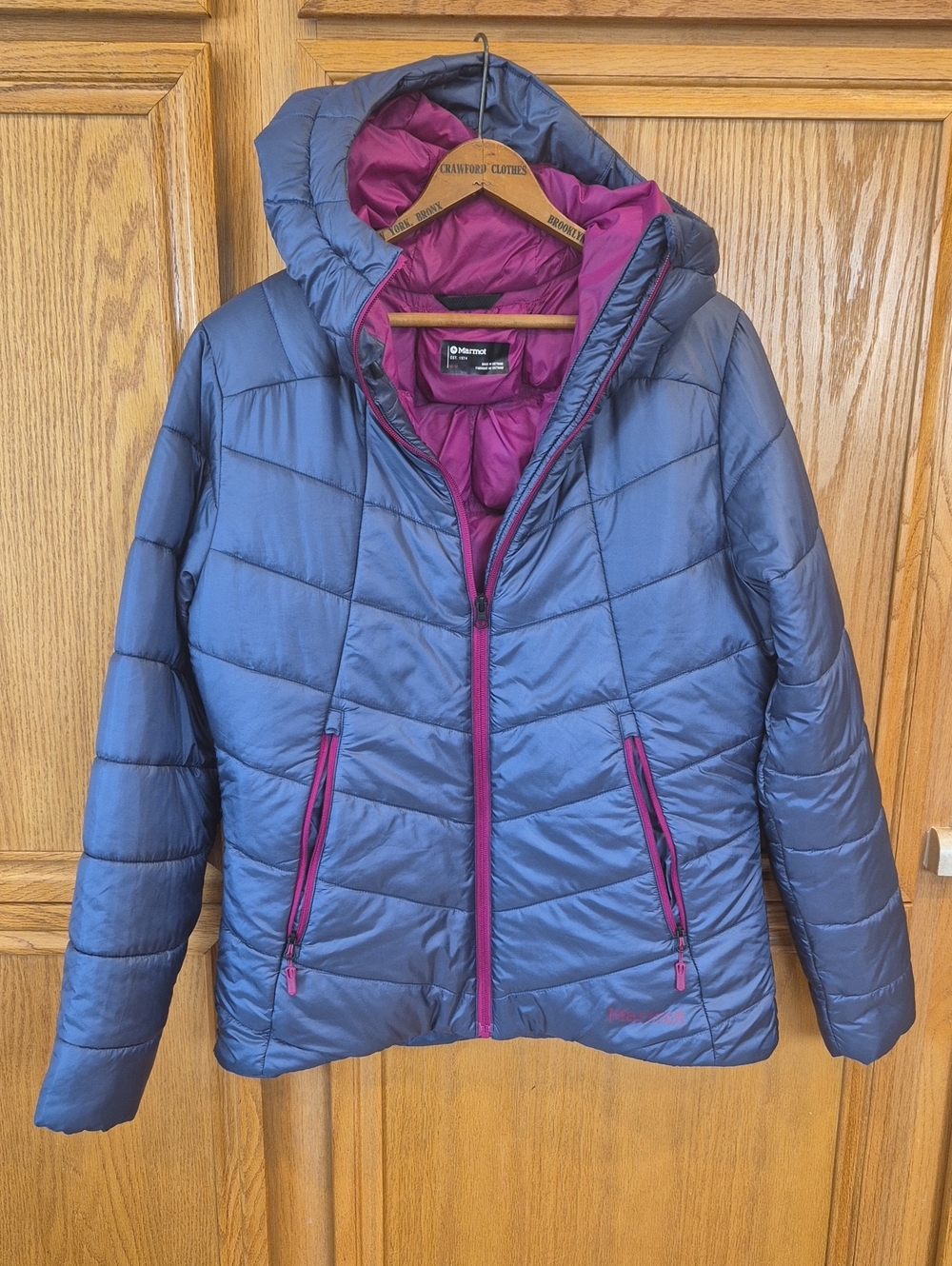 Marmot Women's Quilted Puffer Jacket Featherless Thinsulate Hooded Med Blue